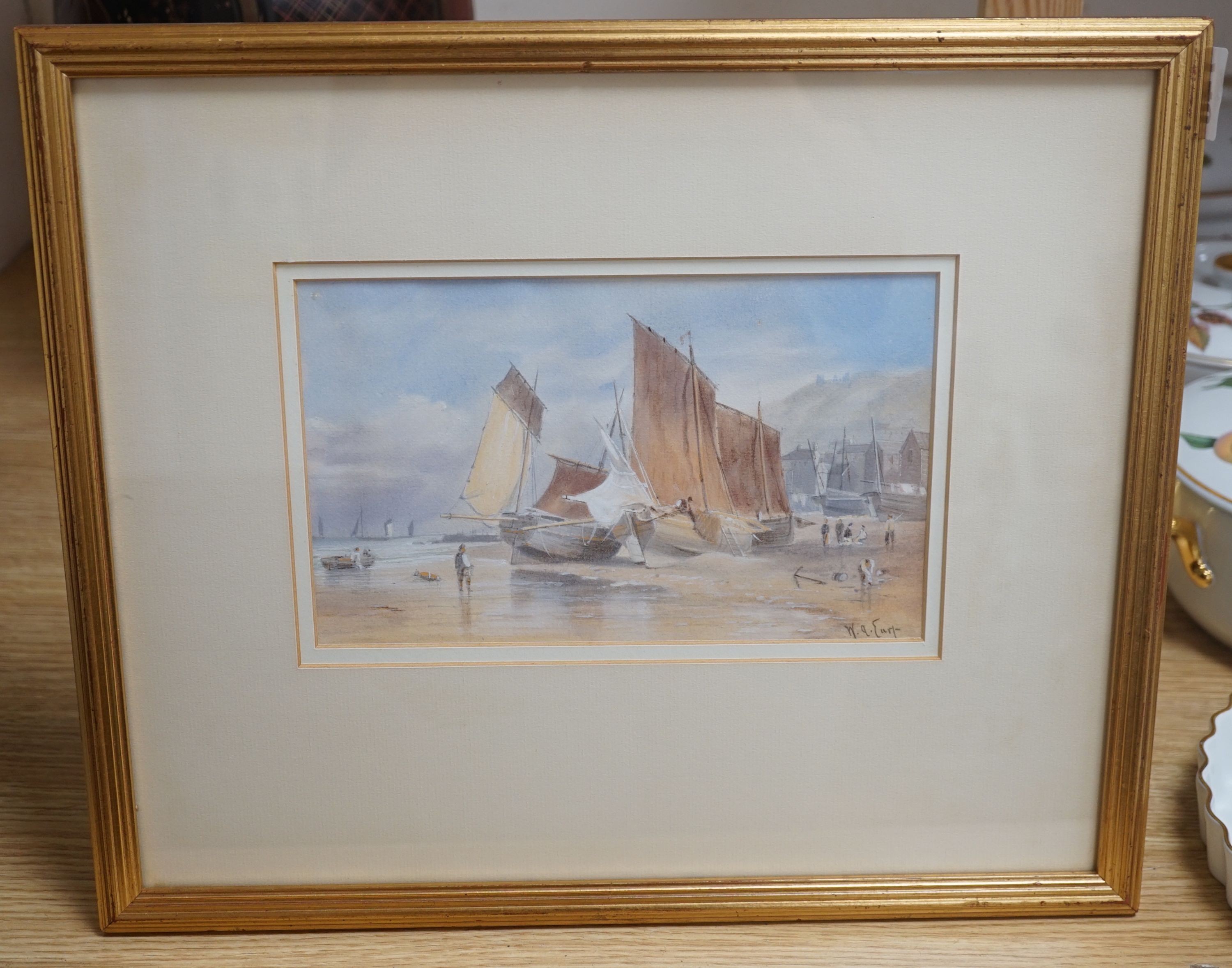 E.A. Earp, Fishing boats on Hastings beach, watercolour, signed, 14 x 23cm
